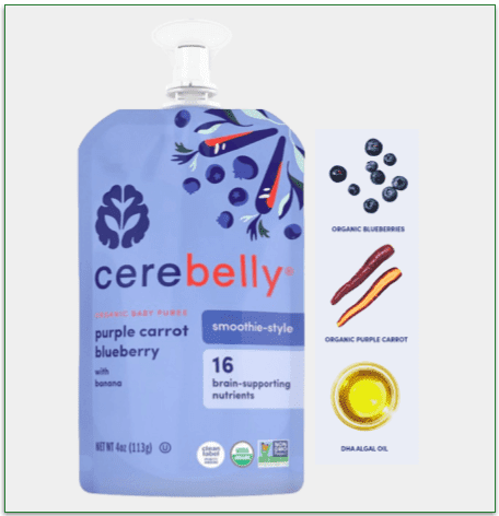 A pouch of Purple Carrot Blueberry with Banana Smoothie, plus its major 3 whole ingredients