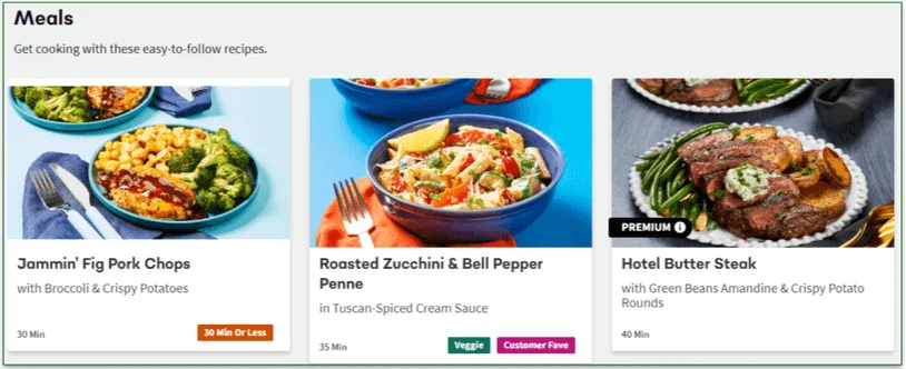  A screenshot of EveryPlate's menu featuring 3 different meals, including a Customer Fave and a Premium dish