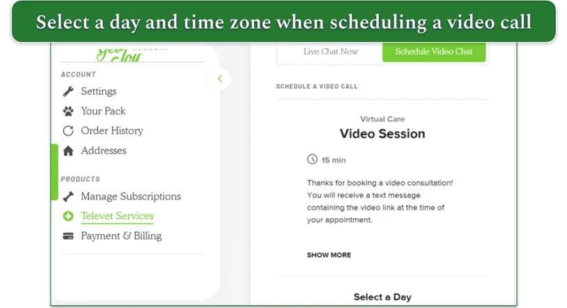 Scheduling a video call from Get Joy's My Account page