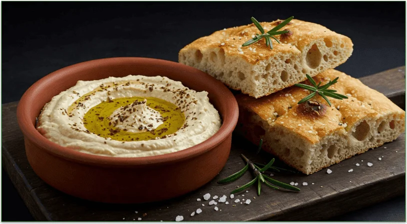 A bowl of hummus beside 2 pieces of focaccia.