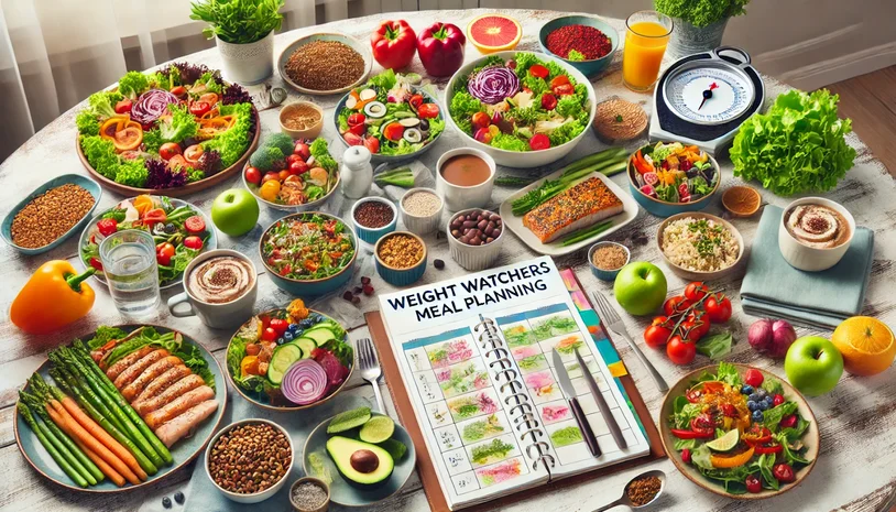WeightWatchers meal planner with a range of healthy and colorful foods