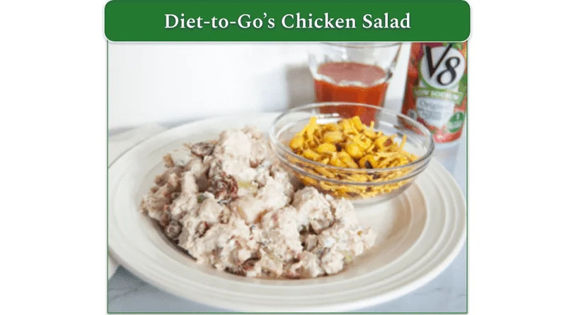 Diet-to-Go's Chicken Salad served with crackers and tomato juice