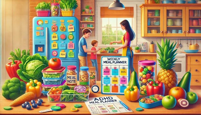 Feature image with an ADHD meal planner in the foreground