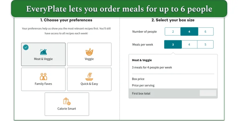image of a dinnerly meal from the main menu with serving time, difficulty rating, and nutritional facts