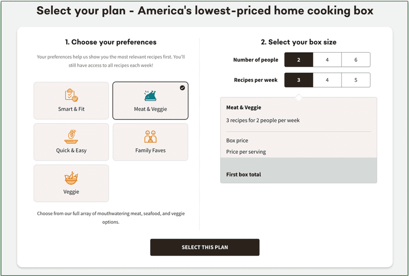 Screenshot of the plan selection page.