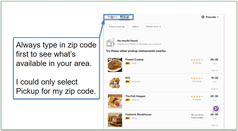 Grubhub's available merchants in Kona, Hawaii