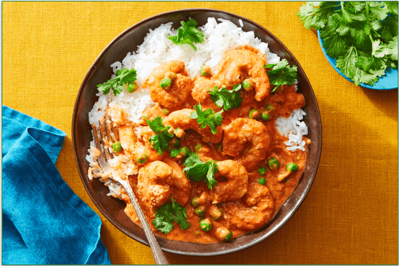 Marley Spoon's shrimp tikka masala with peas and rice.