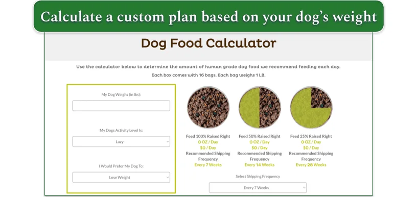 A custom plan showing dog food calculator