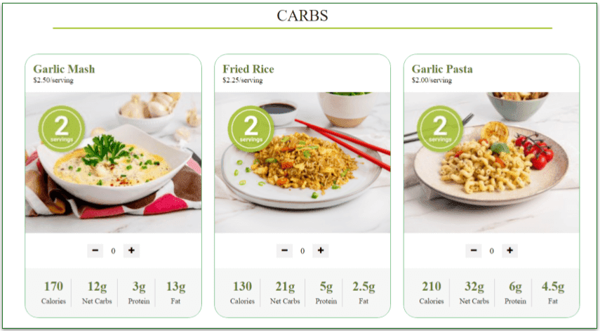 Carb menu with prices per serving