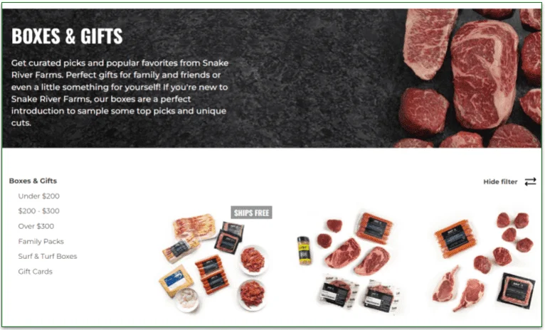 Snake River Farms' Boxes and Gift page