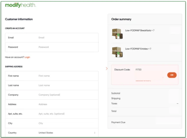 A screenshot of ModifyHealth's checkout page