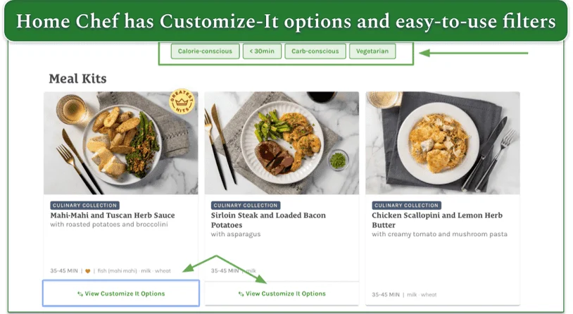 Screenshot of Home Chef menu with menu filters and Customize It options highlighted