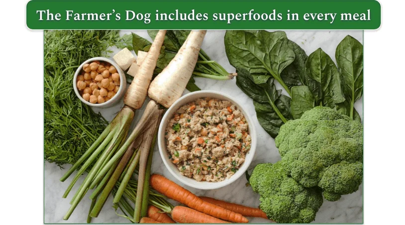 A bowl of TFD's food surrounded by fresh ingredients like spinach and broccoli