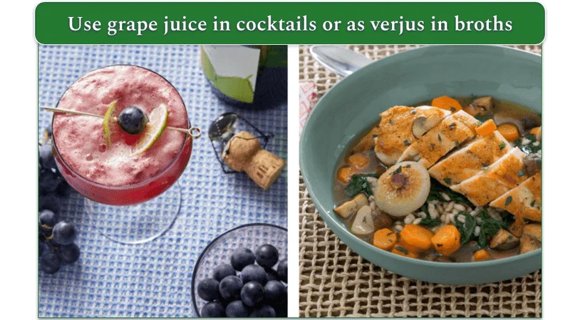 Blue Apron's Grape Cocktail recipe and Pan-Seared Chicken Verjus served in a bowl