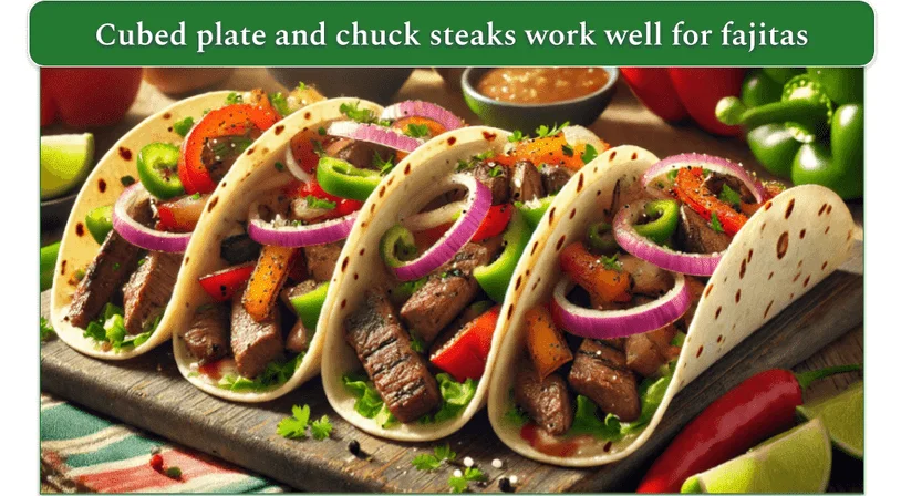 Cubed steaks, red onion, and peppers wrapped in tortillas.