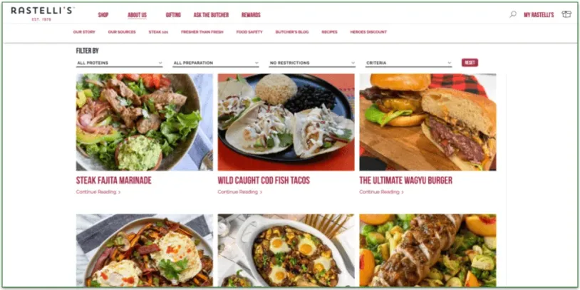 Screenshot of Rastelli's recipes page