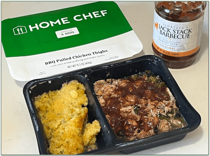 BBQ pulled chicken thighs is a Home Chef lunch option and comes fully prepared. It comes with a cornbread side.