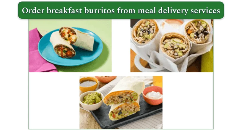 Breakfast burritos from 3 meal delivery services. Top left: HelloFresh Speedy refried bean and egg burrito, Top right: Purple Carrot Black bean burrito. Bottom center: Home Chef Two Bean burrito