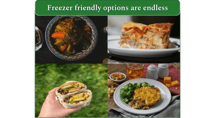 A collage showing freezer-friendly meals, including lasagna and Shepherd's pie.