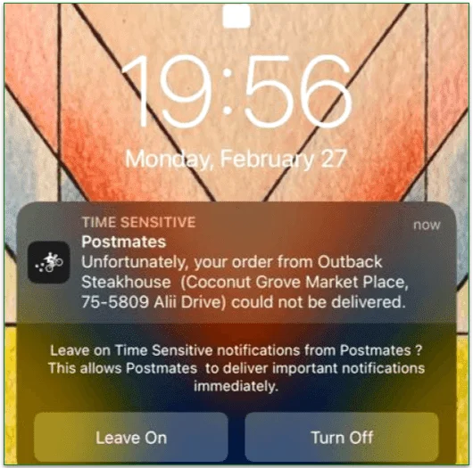 mobile screenshot of Postmates' order cancelation push notification
