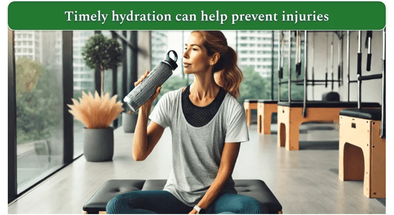 A woman hydrates herself in a gym with floor-to-ceiling glass windows and greenery on the outside.