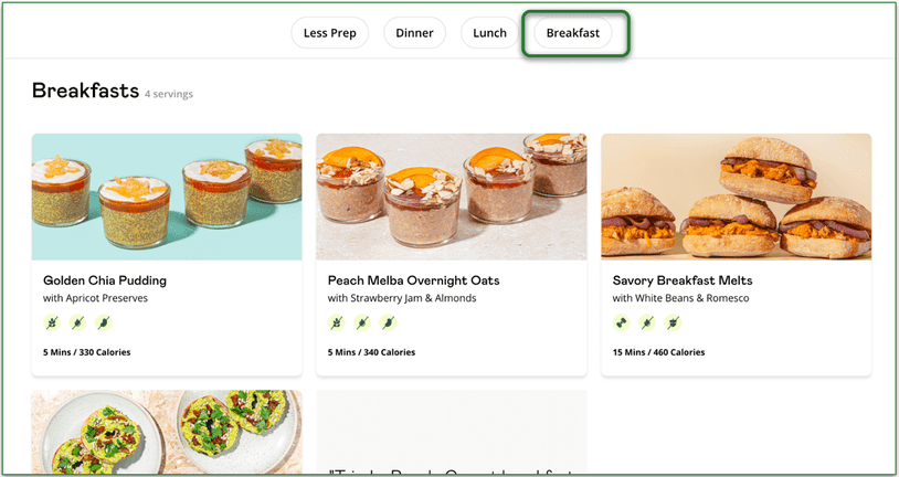 Purple Carrot’s main menu breakfast section