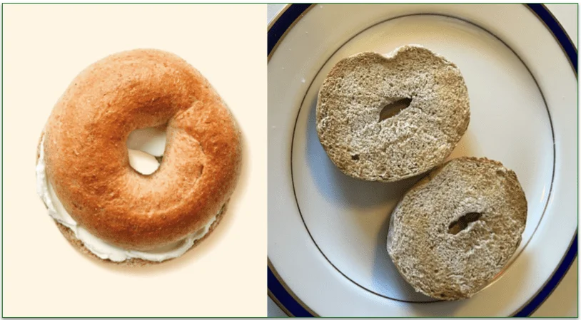 Image of Nutrisystem's Honey Wheat Bagel filled with cream cheese next to a photo of a plain, dry bagel on a plate