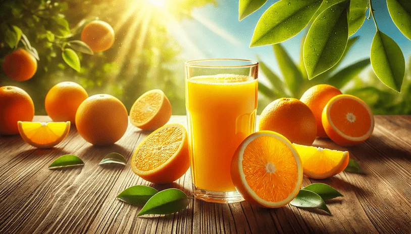 Oranges and a glass of orange juice