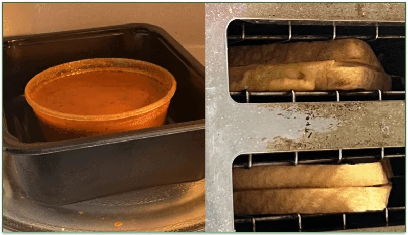 Tomato soup in a bowl in a microwave, and a grilled cheese sandwich in a toaster
