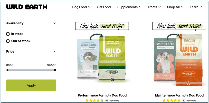 Screenshot of Wild Earth’s dog food menu with 2 packs of food