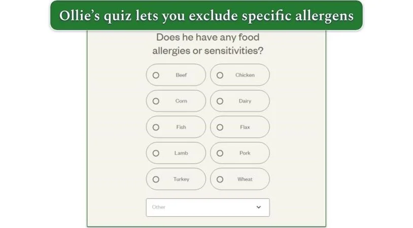 Image of a list of allergens you can exclude during Ollie's sign up quiz