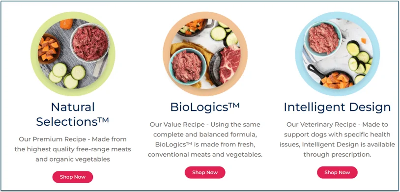 Screenshot of the 3 recipe lines for dogs on Darwin's