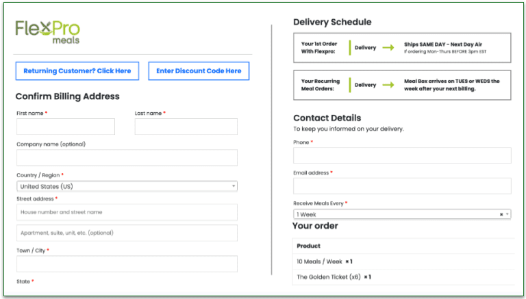 a screenshot if flexpro meals's order checkout page