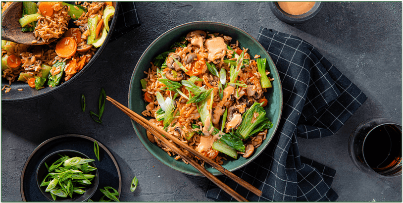 Purple Carrot's Kimchi Mushroom Fried Rice with Bok Choy & Sriracha Aioli