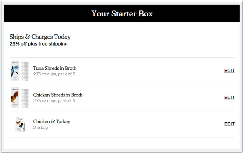 Image of the shopping cart with starter box items in