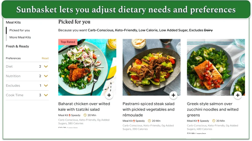 Sunbasket's recommended recipes for low-carb, keto-friendly, low-calorie, low added sugar.