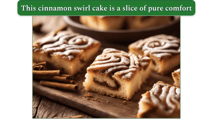 a wooden cutting board with cinnamon swirl cake squares