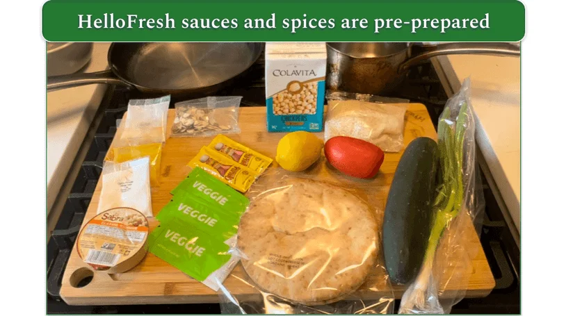 Ingredients for a HelloFresh recipe with pre-prepared sauce and spice packets