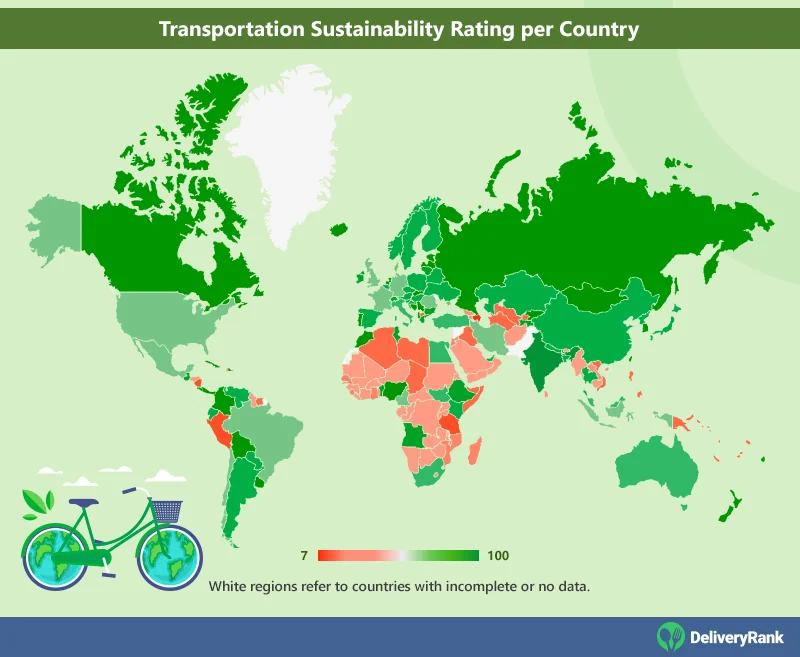 Geo chart of countries' scores in Transportation Sustainability