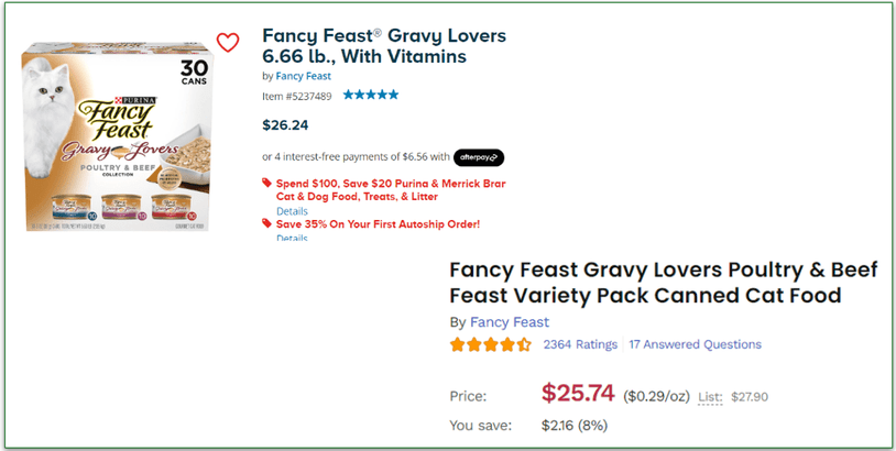 Image of the Fancy Feast Gravy Lovers pricing on Chewy and PetSmart