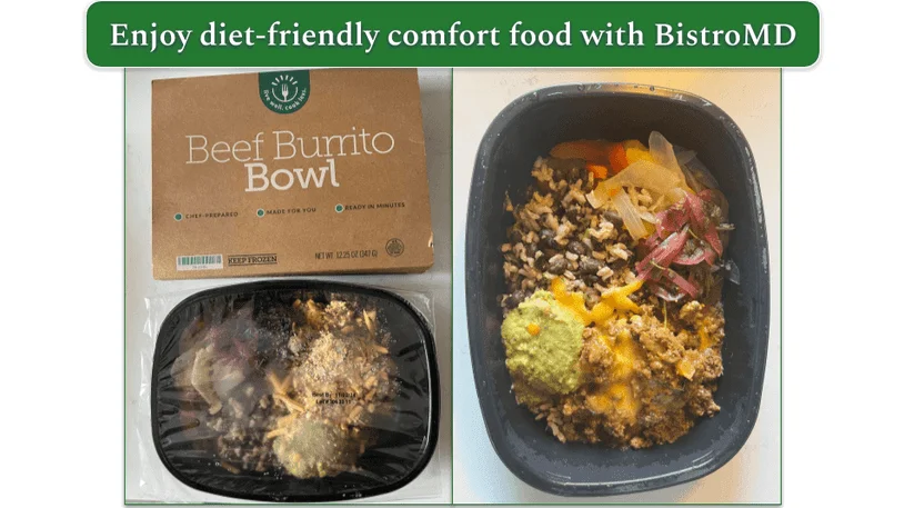 Beef burrito bowl in microwave container before cooking and beef burrito bowl fully cooked