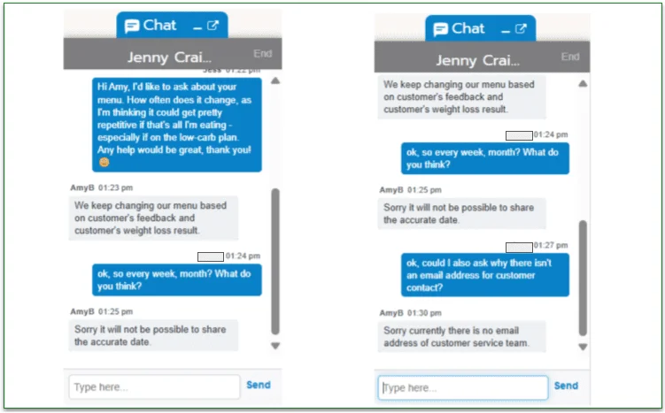 Chat with Jenny Craig's customer support agent