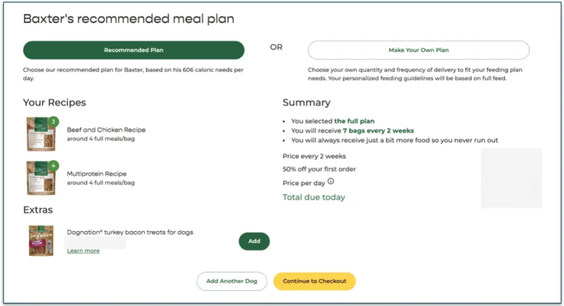 screenshot of Freshpet's recommended meal plan for Baxter