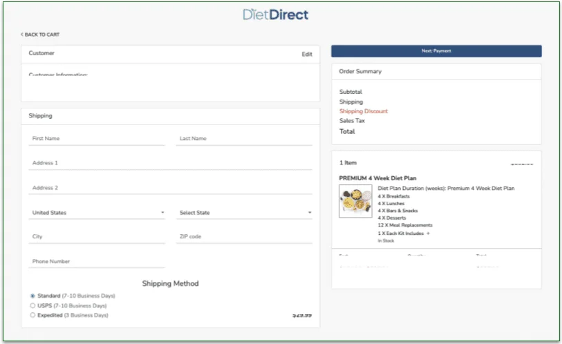 Screenshot of WonderSlim's Shipping Info page