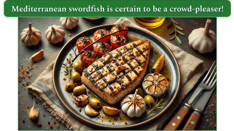 Image of Mediterranean-inspired grilled swordfish on a plate with roasted tomatoes and olives