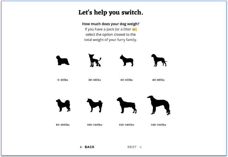 Screenshot of Raw Wild’s quiz asking for your dog’s weight