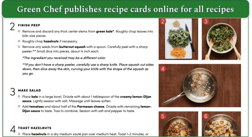 Screenshot of a Green Chef's Shrimp-Kale Caesar salad recipe card