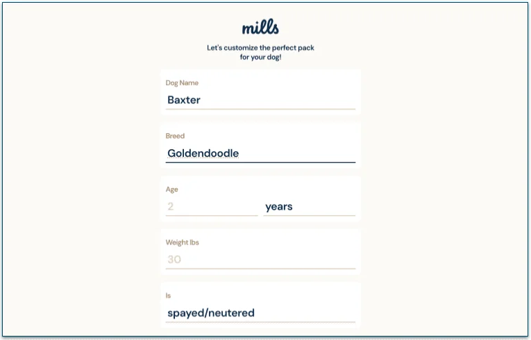 screenshot of Mills' customization questionnaire