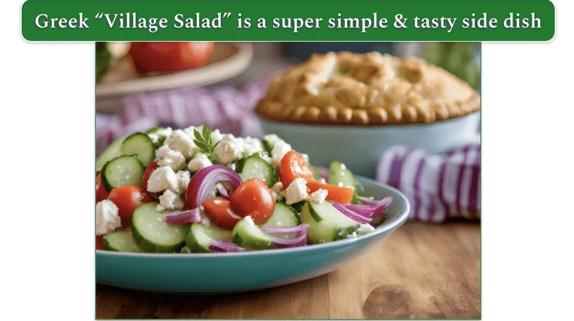 a plate of greek village salad with tomato, cucumber, red onions, and feta beside a serving dish of chicken pot pie
