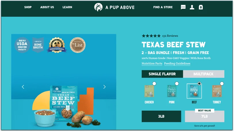 Screenshot of A Pup Above Texas Beef Stew order page